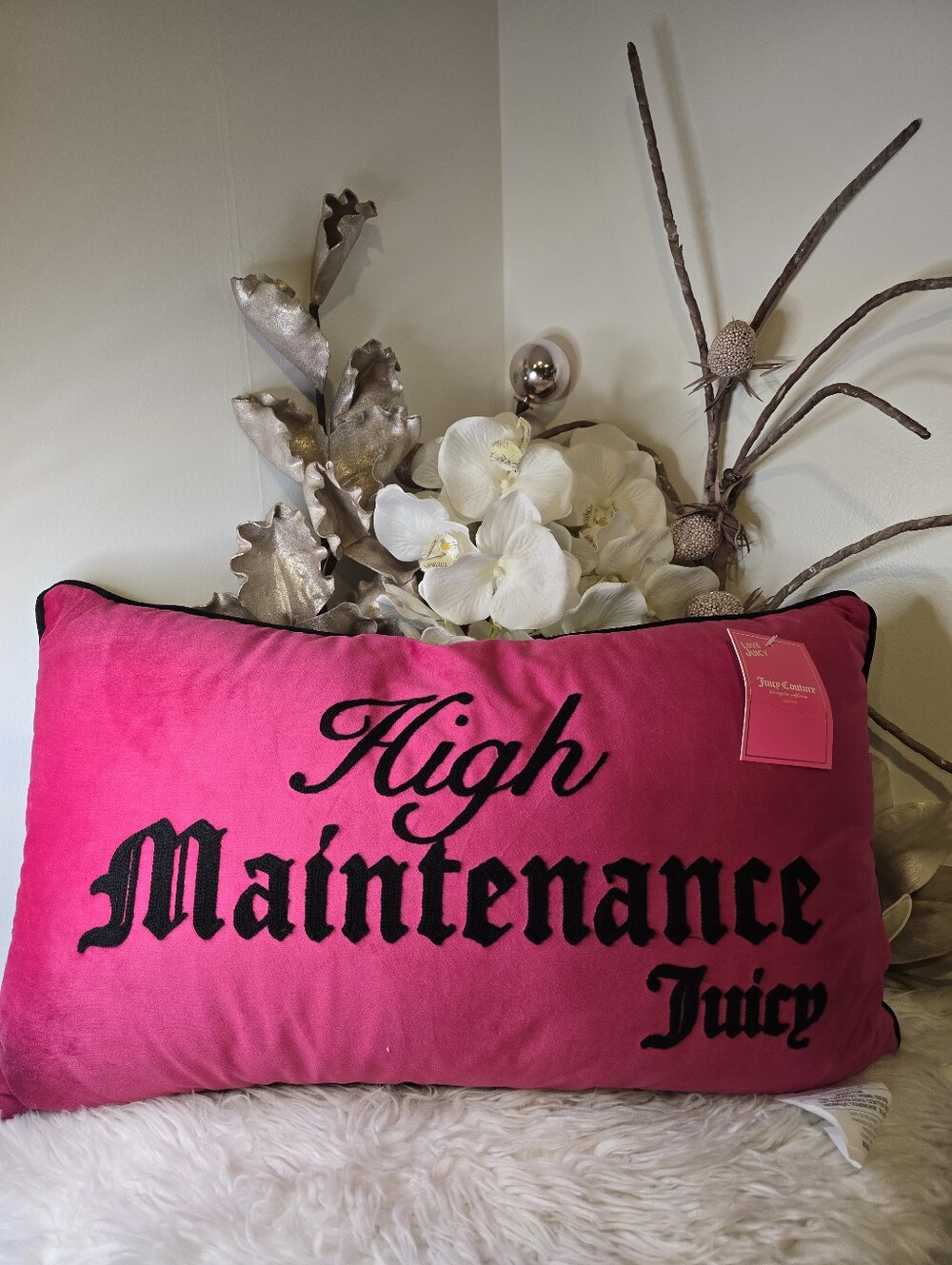 Juicy Couture Velour hot pink Accent Decor Pillow Approximately 21” x 11” x 7”
